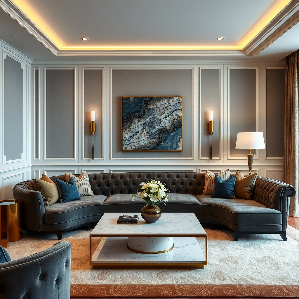 エレガントなラグジュアリーリビングルーム、プレミアムベルベットソファ、大理石のコーヒーテーブル、ゴールドアクセント照明を備えた洗練されたインテリアデザイン