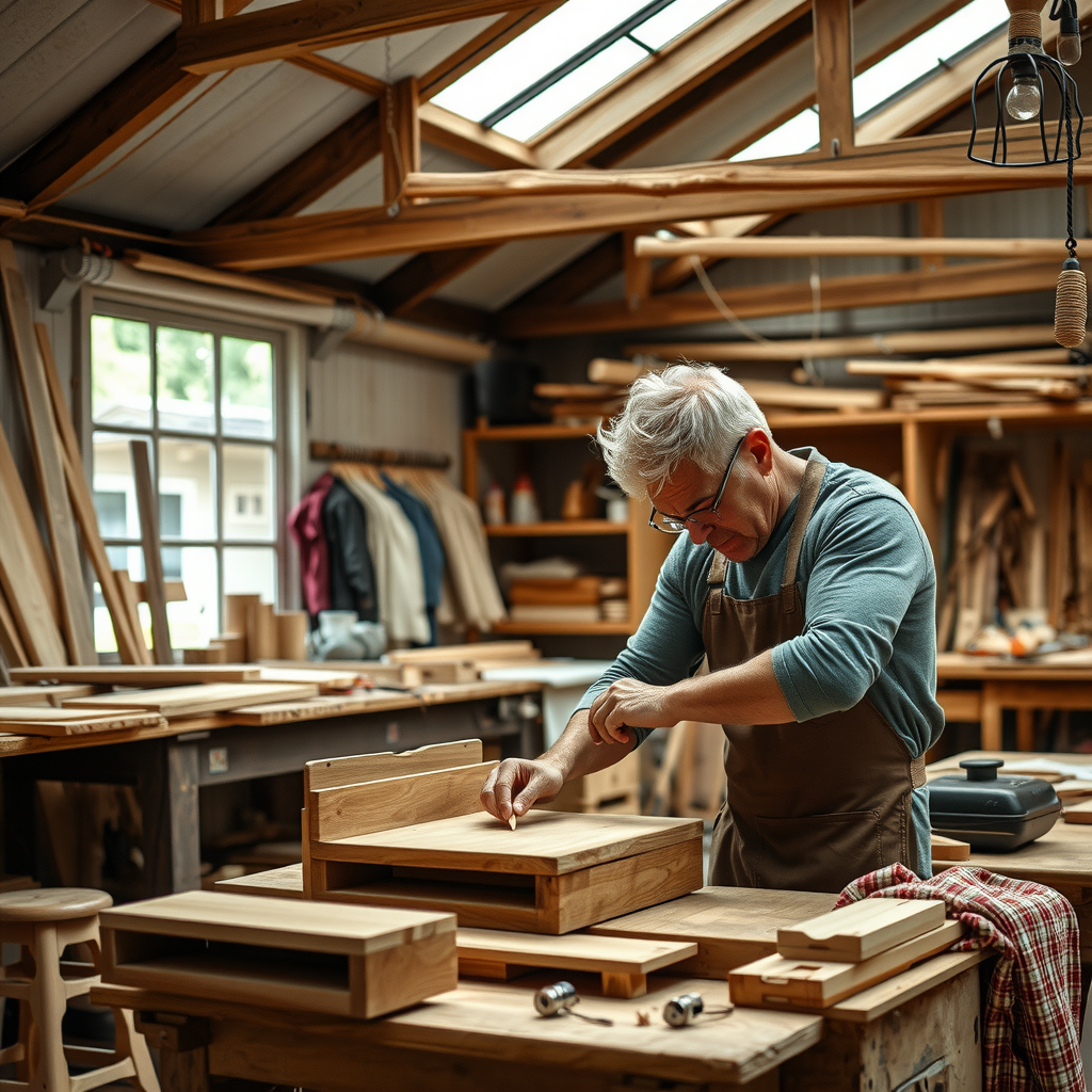 伝統的な工房で手作り木製家具を制作する熟練職人。自然光が差し込む作業場で、丁寧に木材を加工する様子