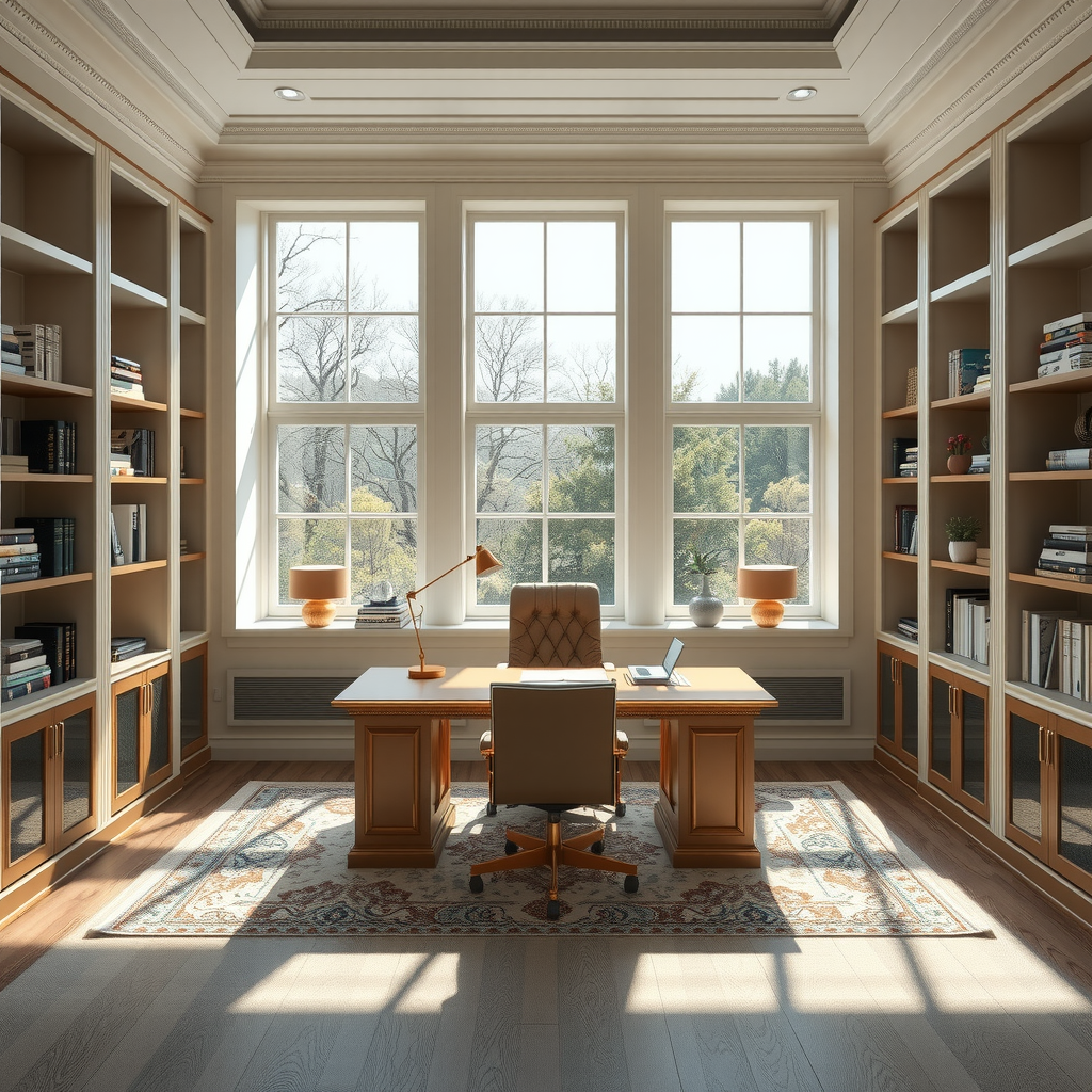 洗練されたホームオフィスの全体像。大きな窓から自然光が差し込み、高級なエグゼクティブデスク、快適な革張りチェア、整理された本棚が配置された空間。クリーム色とゴールドのアクセントが調和した上品なインテリア