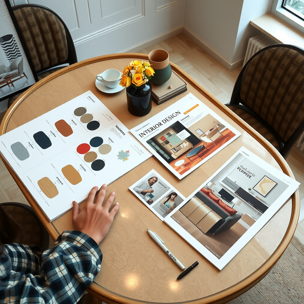 エレガントなテーブル上のムードボード、カラースウォッチ、家具カタログを使ったインテリアデザイン相談