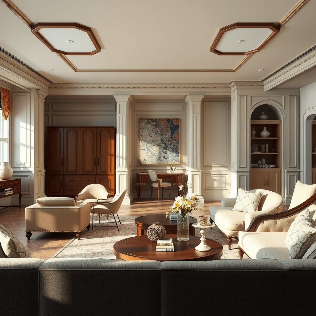 完成したオーダーメイド家具が配置された豪華なインテリア空間。カスタムデザインのソファ、ダイニングテーブル、キャビネットが調和して配置され、自然光が差し込む洗練された部屋。すべての家具が完璧に統合され、エレガントで居心地の良い雰囲気を作り出している