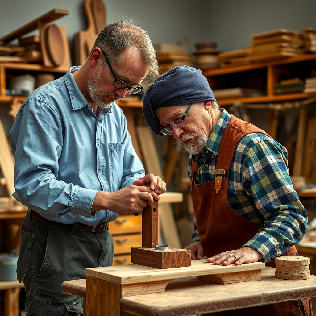 Skilled artisan woodworker crafting premium handmade furniture using traditional techniques and high-quality materials in workshop setting