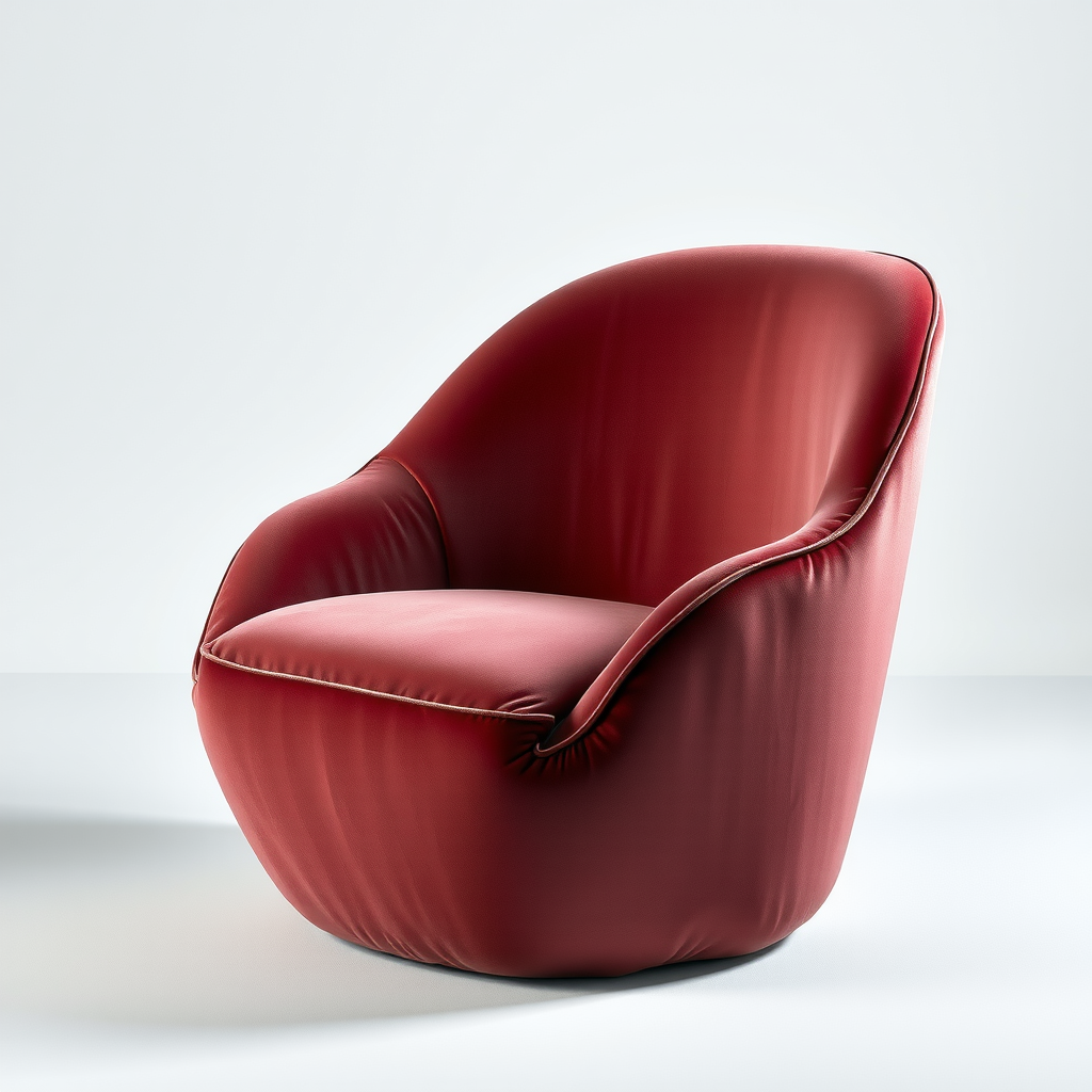 ミニマリストインテリアの中で際立つ、豊かなベルベット生地を使用した彫刻的なモダンアームチェア