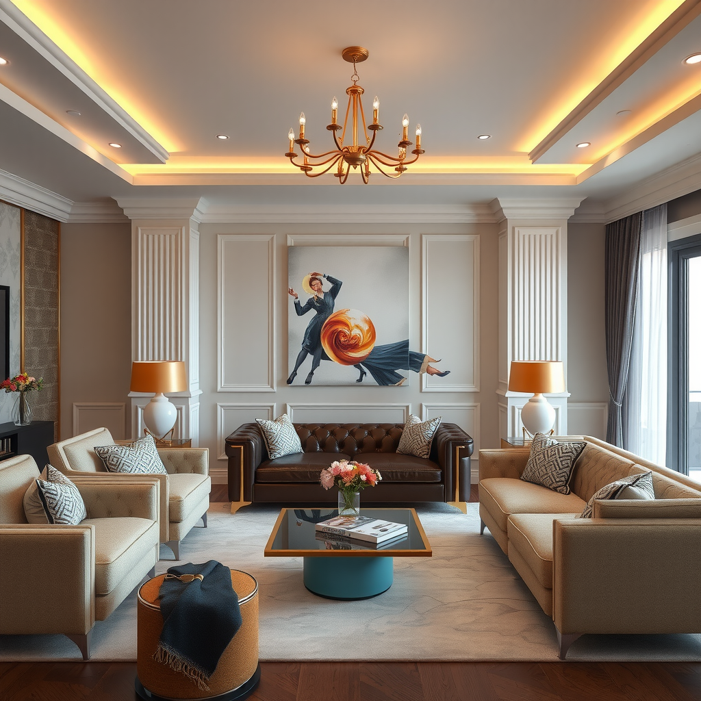 プレミアム家具を配した高級リビングルームのインテリア、エレガントなデザインと洗練されたカラーパレット