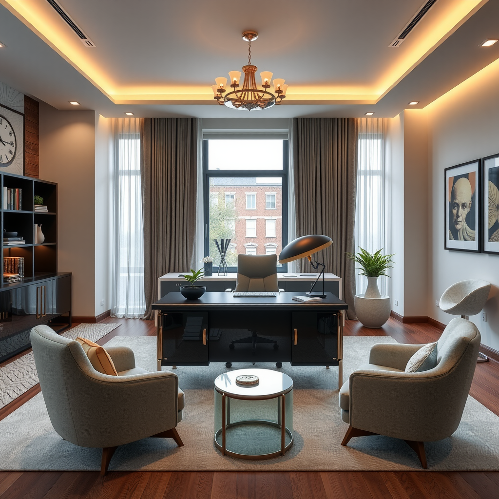 Sophisticated home office interior featuring executive desk, ergonomic elegant seating, and luxury furniture combining functionality with refined aesthetics