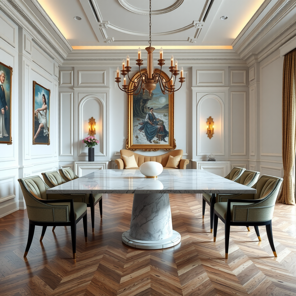 高い天井の空間で完璧なスケールとプロポーションを示す大理石テーブルのあるエレガントなダイニングルーム