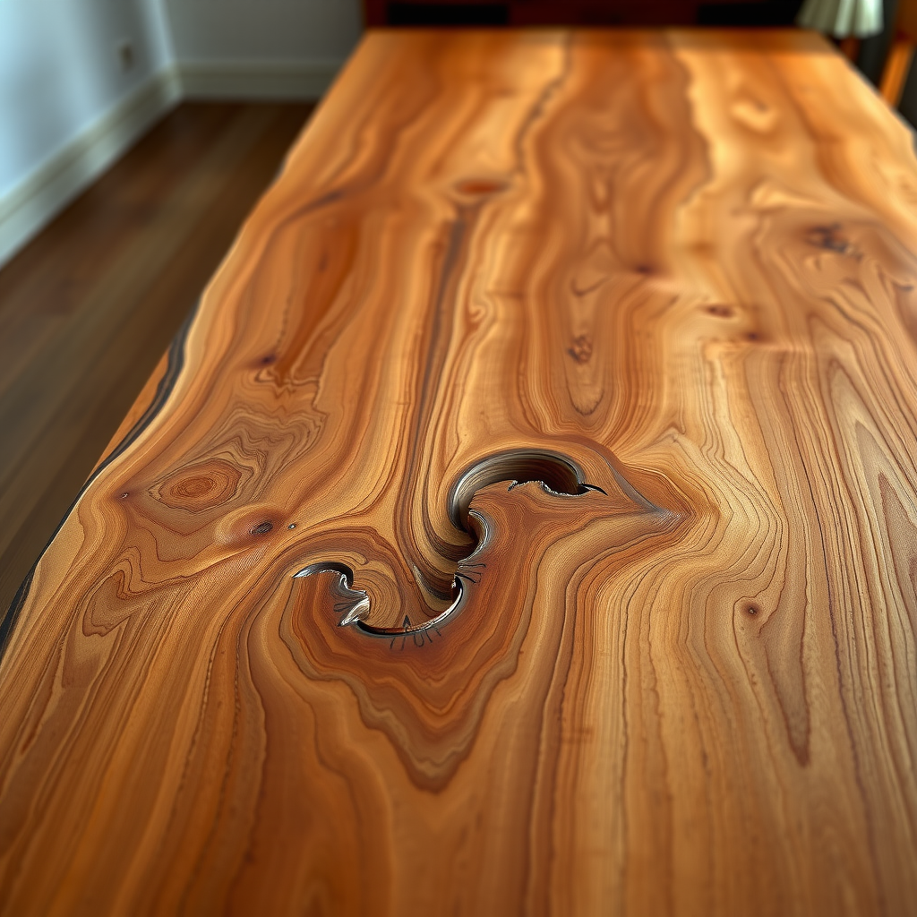 自然な木目と熟練の継ぎ手が見える、エレガントな手作り木製ダイニングテーブル。プレミアムな仕上げと職人技の細部