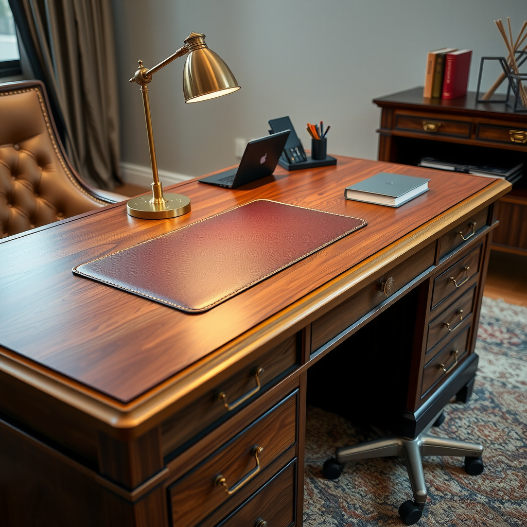 高級ウォールナット材のエグゼクティブデスクのクローズアップ。美しい木目と真鍮のハンドル、革張りのデスクマット、洗練されたデスクランプとアクセサリーが配置された上品なデスクトップ