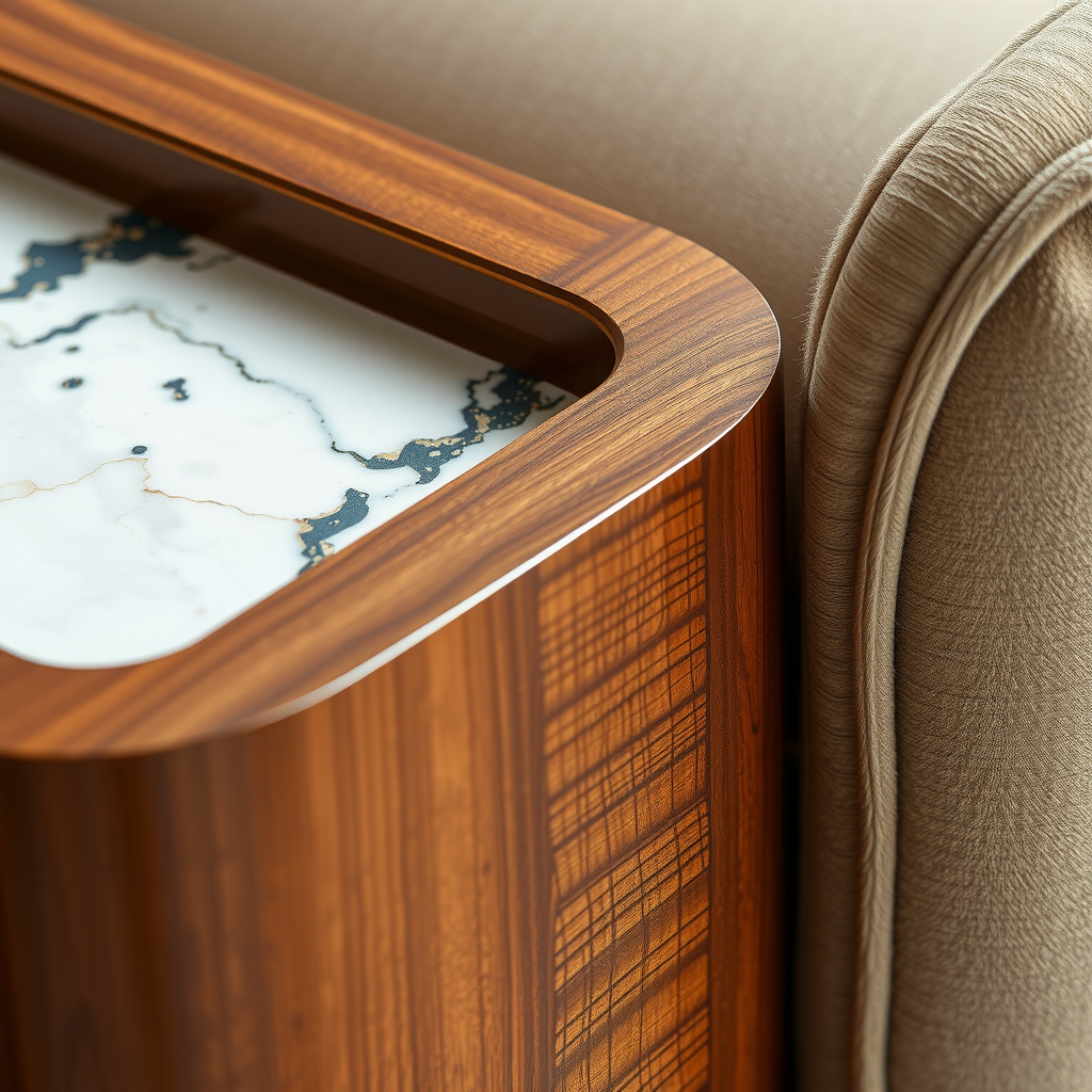 ウォールナット材、大理石、真鍮、ベルベットなど高級家具素材の豊かなテクスチャーを示すクローズアップ