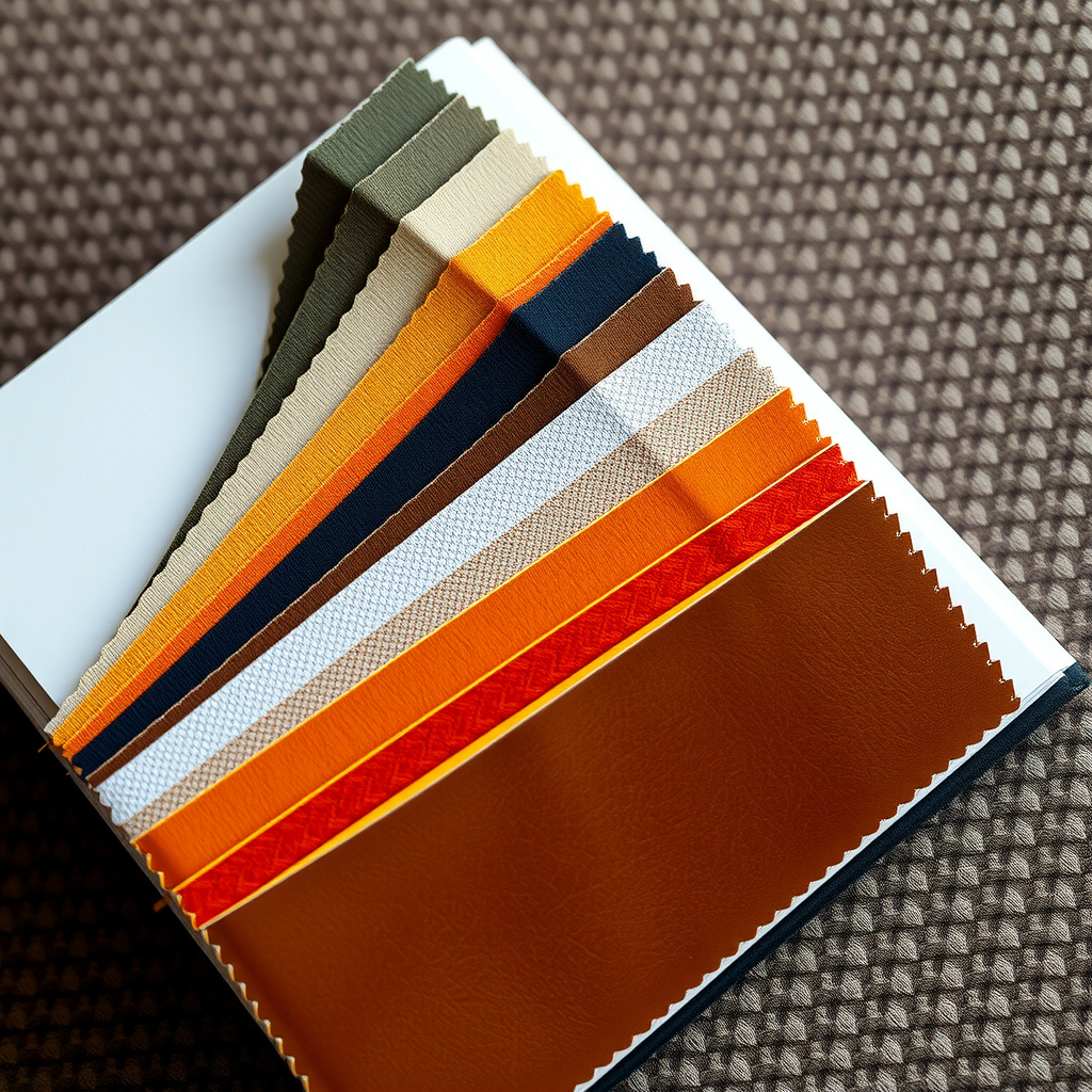 高級ファブリックとレザーのサンプル帳が開かれ、豊富な色とテクスチャーのオプションが展示されている。ベルベット、リネン、シルク、レザーの見本が整然と配置され、各素材の質感と光沢が美しく表現されている