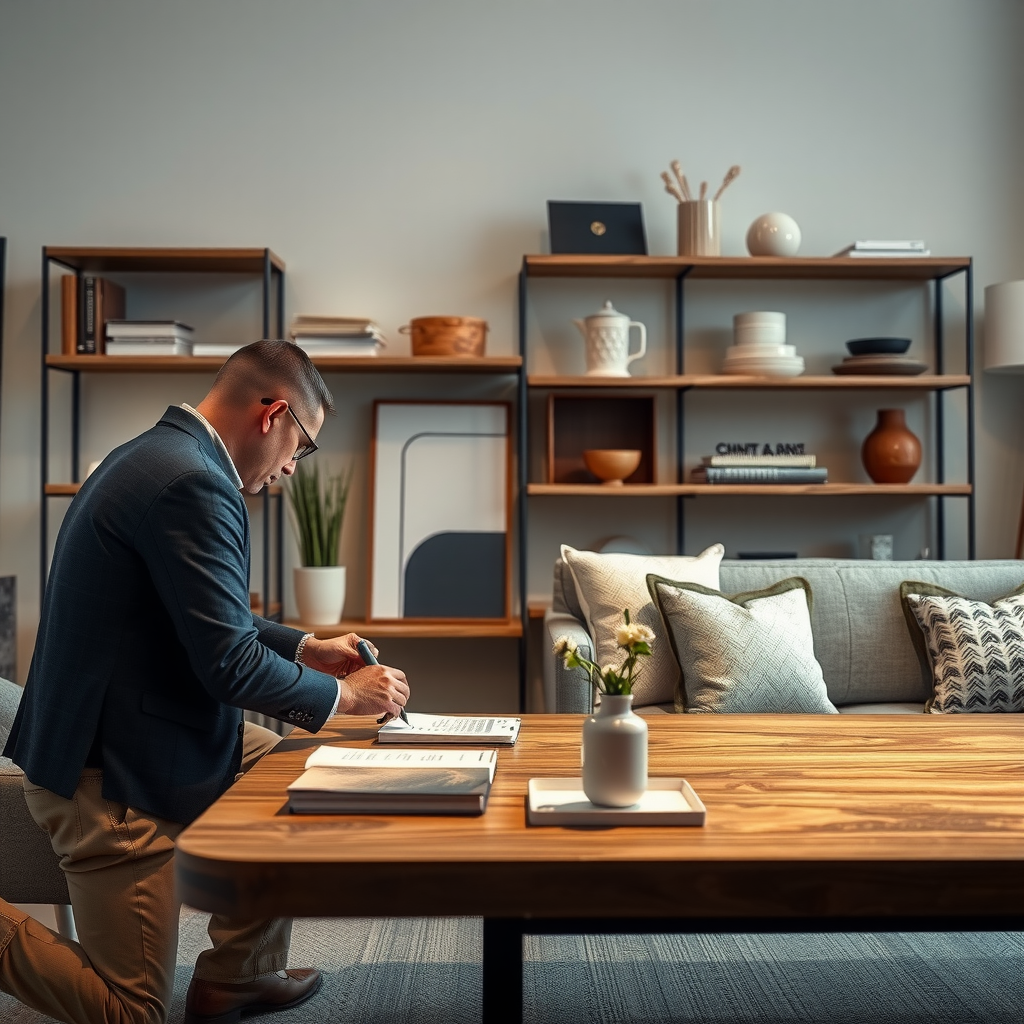 Custom furniture design consultation showing material selection, design iterations, and craftsmanship stages for bespoke luxury furniture solutions