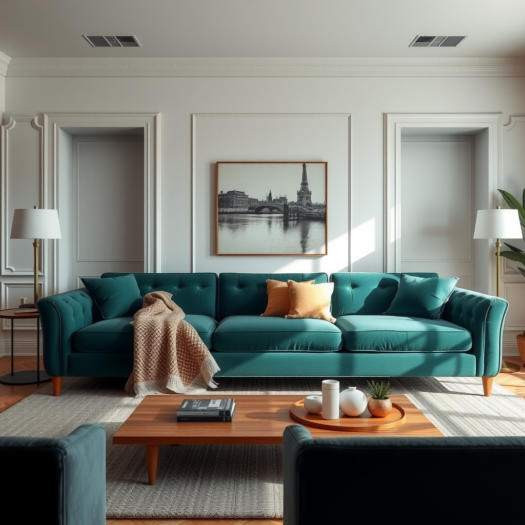 ニュートラルなパレットの中でステートメントピースとして配置されたエメラルドグリーンのベルベットソファのある洗練されたリビングルーム