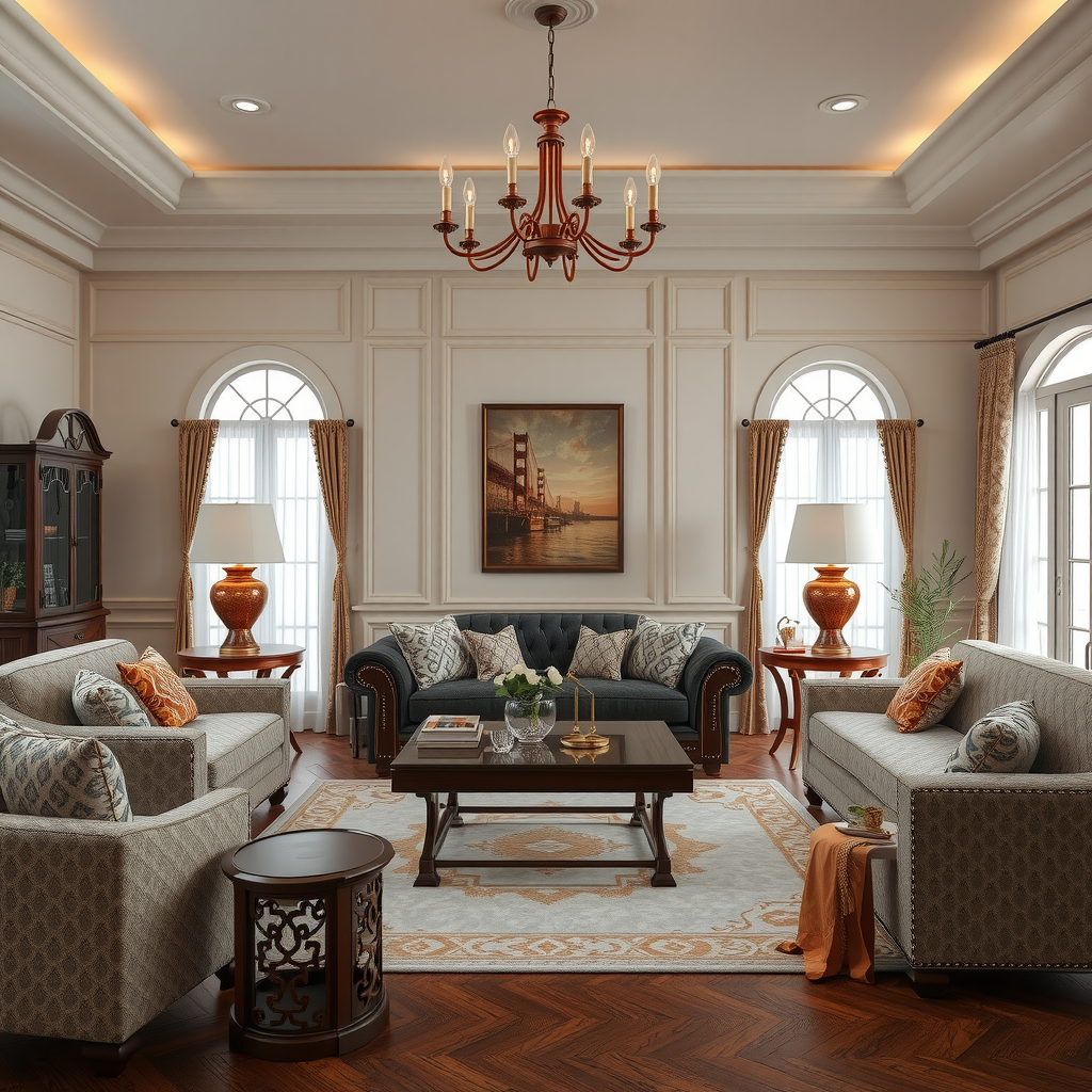 時代を超えたデザインと品質を示す手作り家具で構成された豪華なリビングルーム。エレガントな配置とプレミアムな仕上げ