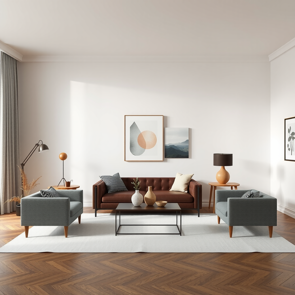 ステートメント家具と補完的なミニマルな装飾、そしてネガティブスペースを示すバランスの取れたインテリア