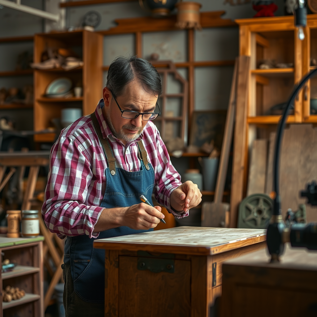 アンティーク手作り家具を修復する職人。修理プロセスと細部への配慮を示す作業風景