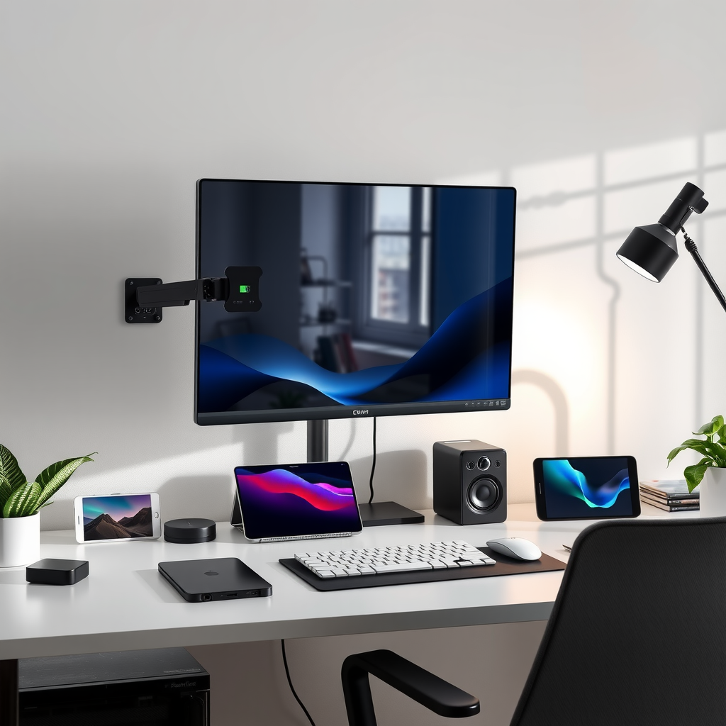 テクノロジーが美しく統合されたホームオフィス。モニターアームに取り付けられた大型ディスプレイ、ワイヤレス充電器、整理されたケーブル管理システム。すっきりとしたデスクトップに最新のデバイスが配置されている