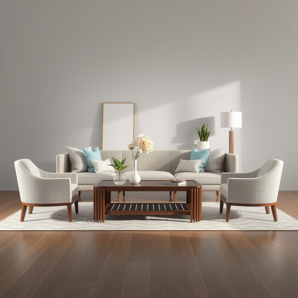 高品質な3Dレンダリングで表現されたカスタム家具。リアルな照明、テクスチャー、影が施され、実際の部屋に配置された様子が詳細に描かれている。木目の質感、ファブリックの織り、金属の光沢が精密に再現されている