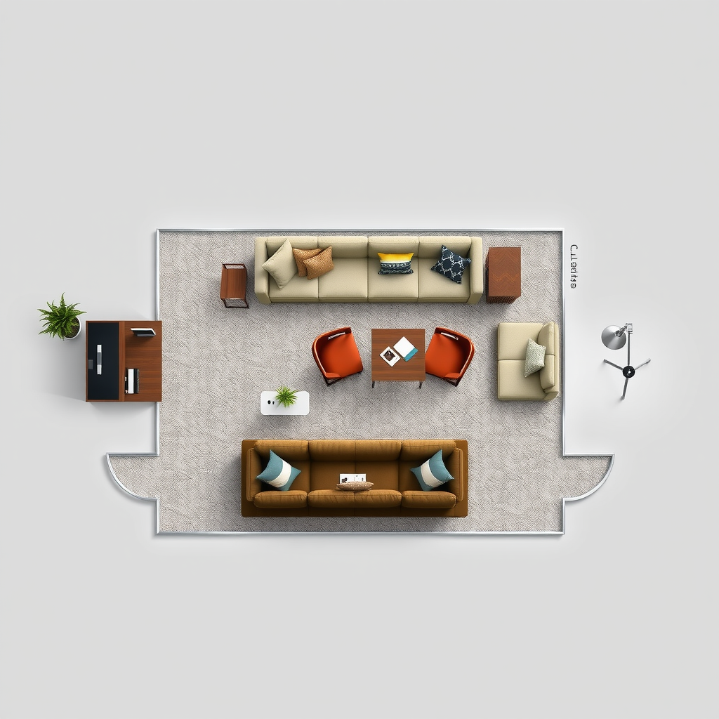 明確な通路と会話エリアを示す最適な家具配置の平面図