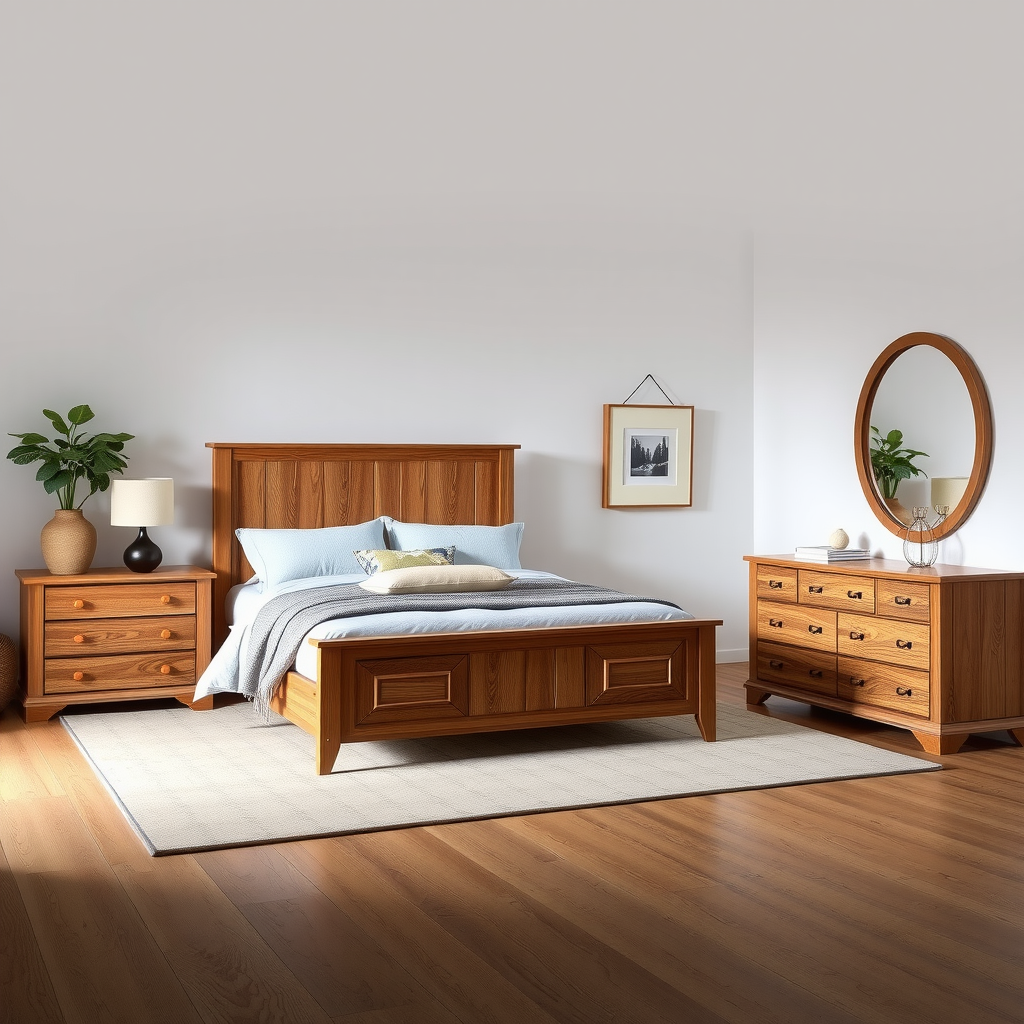 ユニークなデザイン要素とプレミアム仕上げを持つカスタム手作りベッドルーム家具セット。個性的な職人技の詳細