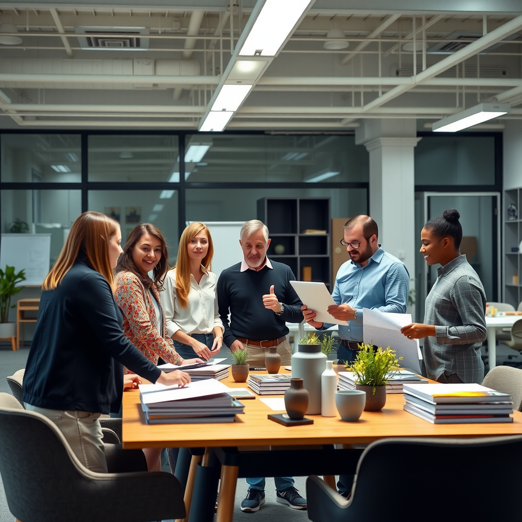 モダンなデザインスタジオでのチームコラボレーションミーティング、家具サンプルとデザイン資料