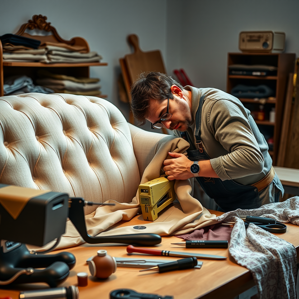 張り職人が高級ソファに丁寧にファブリックを張っている様子。作業台には様々な工具、タッカー、糸、針が配置され、美しいファブリックが慎重に扱われている。職人の熟練した技術と細部への注意が表現されている