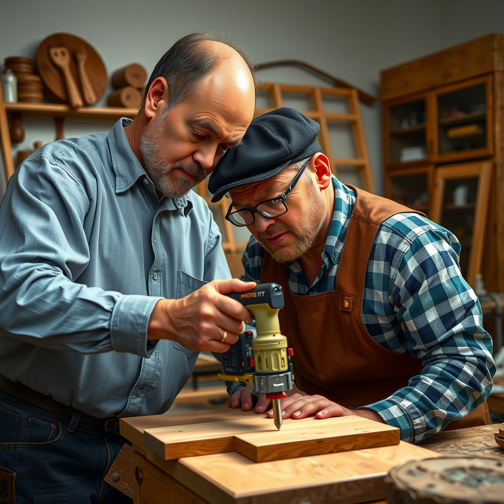 カスタム家具を製作する職人、詳細な木工作業と精密さを示す